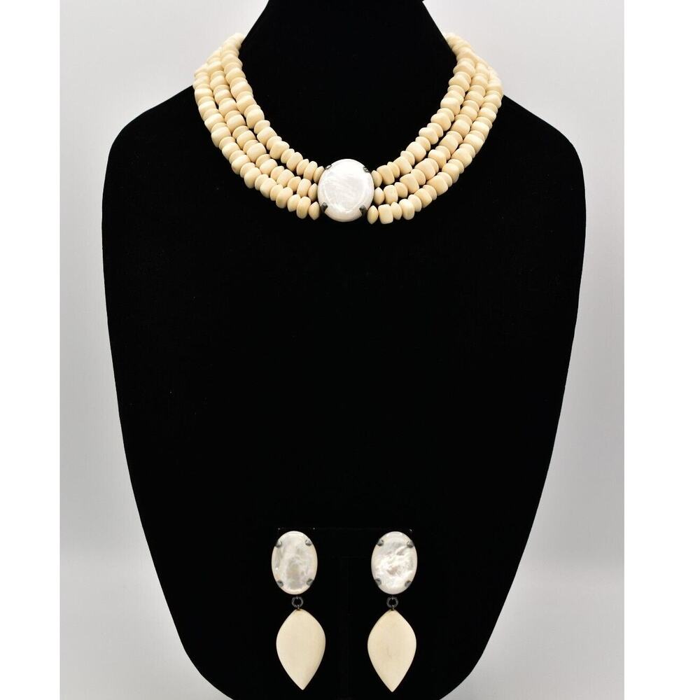 Vintage Designer Statement Shell Necklace Earrings Set Abalone Puka MC Bin2C